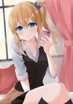  1girl absurdres arm_between_legs bangs black_legwear blonde_hair blue_eyes blue_nails blue_scrunchie blurry blurry_background blush breasts collarbone collared_shirt commentary_request curtains ekidona embarrassed eyebrows_visible_through_hair hair_between_eyes hair_ornament hair_scrunchie hayasaka_ai highres holding holding_phone indoors jewelry kaguya-sama_wa_kokurasetai_~tensai-tachi_no_renai_zunousen~ kneehighs long_hair looking_at_viewer medium_breasts necklace on_bed phone pillow school_uniform scrunchie shirt side_ponytail sidelocks sitting solo white_shirt window 