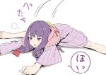  1girl adapted_costume bangs barefoot bent_over blue_bow bow commentary_request dress flexible hair_bow half-closed_eyes highres hood kawayabug long_hair moon_(ornament) motion_lines no_hat no_headwear on_floor open_mouth patchouli_knowledge purple_dress purple_hair red_bow simple_background touhou translation_request twintails violet_eyes white_background 