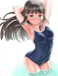  1girl :o aqua_eyes armpits arms_behind_head arms_up bangs bare_arms black_hair blue_swimsuit blunt_bangs blush breasts collarbone competition_school_swimsuit contrapposto covered_navel cowboy_shot curvy embarrassed eyebrows_visible_through_hair gonta_(gshoutai) hair_ornament hairclip highres hime_cut kurosawa_dia long_hair looking_at_viewer love_live! love_live!_sunshine!! mole mole_under_mouth narrow_waist one-piece_swimsuit open_mouth partially_submerged raised_eyebrows ribs skin_tight skindentation small_breasts solo spaghetti_strap surprised swimsuit tsurime wading water wet wet_clothes wet_hair white_background wide_hips 
