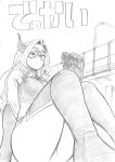  1boy 1girl arm_support bodysuit boku_no_hero_academia commentary_request giantess greyscale highres horikoshi_kouhei looking_at_another mask monochrome mount_lady official_art simple_background sitting smile superhero translation_request white_background 