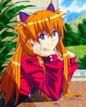  1girl bangs blue_eyes closed_mouth eyebrows_visible_through_hair hair_between_eyes head_rest headgear indoors jacket leaning_forward long_hair long_sleeves looking_at_viewer neon_genesis_evangelion orange_hair red_jacket shiny shiny_hair sitting smile solo souryuu_asuka_langley very_long_hair yamayoshi 