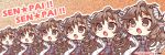  6+girls arknights artist_name bangs benizika brown_background brown_eyes brown_hair chibi commentary_request dress eyebrows_visible_through_hair eyjafjalla_(arknights) fingerless_gloves gloves grey_dress grey_gloves horns jacket long_hair multiple_girls multiple_persona open_clothes open_jacket open_mouth outline sheep_horns star_(symbol) twitter_username upper_body white_jacket white_outline 