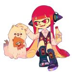  1boy :d ankle_boots black_vest blue_footwear blue_nails boots bottle collared_shirt dog fingernails headphones highres holding holding_bottle inkling kukka long_sleeves open_mouth red_eyes redhead sharp_teeth shirt sitting smile splatoon_(series) splatoon_1 teeth tentacle_hair transparent_background vest white_shirt wing_collar 