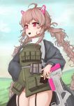  absurdres ahoge bangs braid day gun highres jacket last_origin messy_hair mouth_hold narrr outdoors panties pantyshot pink_eyes pink_hair rifle sky sniper_rifle striped striped_panties t-14_miho twin_braids underwear weapon 