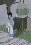  1girl alternate_costume bag black_hair blue_kimono coat commentary_request full_body houshou_(kantai_collection) japanese_clothes kantai_collection kimono long_hair mihama_machi mirror outdoors overcoat ponytail sign solo standing 