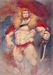  1boy bara beard bulge cape character_name facial_hair fate/grand_order fate/zero fate_(series) highres holding holding_sword holding_weapon iskandar_(fate) luerstine male_focus male_pubic_hair male_underwear navel pubic_hair red_cape red_eyes redhead shirtless sword thighs underwear weapon 