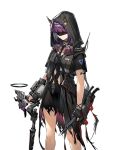  1girl alternate_costume alternate_hairstyle arknights chain_necklace combat_knife disguise fingerless_gloves gloves hairlocs hood knife lava_(arknights) mask miniskirt necktie official_art ore_lesion_(arknights) purple_hair short_hair skirt solo spoilers staff torn_clothes torn_skirt weapon 