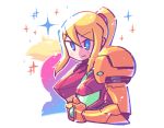  1girl armor blonde_hair blue_eyes blush_stickers breastplate bright_pupils closed_mouth floating_hair gauntlets headwear_removed helmet helmet_removed holding holding_helmet looking_at_viewer metroid mole mole_under_mouth pauldrons ponytail power_armor rariatto_(ganguri) samus_aran shoulder_armor smile solo sparkle upper_body v-shaped_eyebrows white_background 