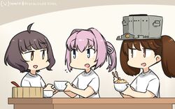  3girls ahoge alternate_costume bangs blue_eyes blunt_bangs bowl brown_eyes brown_hair commentary_request dated hamu_koutarou highres kantai_collection kishinami_(kantai_collection) long_hair multiple_girls pink_hair ponytail rice_bowl ryuujou_(kantai_collection) shiranui_(kantai_collection) shirt short_hair t-shirt twintails upper_body visor_cap wavy_hair white_shirt 