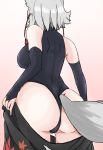  1girl 5bvmkpkz0cntyta animal_ears ass ass_focus back bare_shoulders breasts cowboy_shot elbow_gloves fingerless_gloves gloves grey_background highres inubashiri_momiji large_breasts leotard simple_background solo tail touhou wolf_ears wolf_girl wolf_tail 