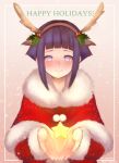  1girl absurdres animal_ears blush bright_pupils capelet christmas closed_mouth commentary deer_ears english_commentary fake_animal_ears fake_antlers fur-trimmed_capelet fur_collar fur_trim gift_art hairband happy_holidays highres holding hyuuga_hinata looking_at_viewer naruto naruto_(series) own_hands_together pom_pom_(clothes) purple_hair red_capelet short_hair signature smile solo star_(symbol) temachii upper_body violet_eyes white_pupils 