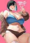  1girl blue_bra blush bra breasts brown_jacket brown_shorts curvy from_below highres jacket large_breasts mm_(yoromu) multicolored_hair navel off_shoulder open_mouth original panties pink_background short_hair short_shorts shorts side-tie_panties thank_you thigh-highs thighs underwear w white_legwear yellow_eyes 