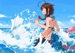  1girl ahoge bikini black_bikini black_sarong blue_eyes blush braid brown_hair clouds day hair_between_eyes hair_flaps innertube kantai_collection long_hair ocean open_mouth remodel_(kantai_collection) sarong shigure_(kantai_collection) single_braid solo sugue_tettou swimsuit twitter_username water waves 