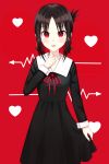  1girl absurdres arrow_(symbol) bangs black_dress black_hair blush breasts collarbone commentary_request cowboy_shot dress eyebrows_visible_through_hair folded_ponytail gkdnd hair_ribbon hand_on_own_chest heart heart_print highres kaguya-sama_wa_kokurasetai_~tensai-tachi_no_renai_zunousen~ long_sleeves looking_at_viewer medium_breasts open_mouth parted_bangs red_background red_eyes red_ribbon ribbon school_uniform shinomiya_kaguya short_hair sidelocks solo 