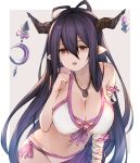  1girl antenna_hair bandaged_arm bandages breasts crescent danua draph granblue_fantasy hair_between_eyes horn_ornament horns huge_breasts large_breasts long_hair navel open_mouth pointy_ears purple_hair red_eyes simple_background solo thumb_to_mouth wuming 