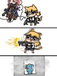  2girls :3 afei_(sfma3248) afterimage ar-15 barefoot black_eyes black_neckwear black_shorts blonde_hair blue_jacket bullet_hole bushman_idw chibi chinese_commentary coat commentary_request dual_wielding emphasis_lines expressionless firing girls_frontline gun highres holding holding_gun holding_weapon holster idw_(girls_frontline) jacket long_hair looking_to_the_side mask multiple_girls necktie open_clothes open_jacket pink_hair red_eyes rifle scope shell_casing shirt short_sleeves shorts sidelocks simple_background smoke solid_circle_eyes st_ar-15_(girls_frontline) standing target thigh_holster thought_bubble twintails v-shaped_eyebrows weapon white_background white_shirt 