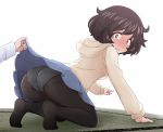  /\/\/\ 1girl akiyama_yukari arm_support ass bangs black_legwear blue_skirt blush brown_eyes brown_hair casual commentary constricted_pupils crotch_seam eyebrows_visible_through_hair frown full-face_blush girls_und_panzer hazuki_haru highres hood hood_down hoodie kneeling leaning_forward lifted_by_another long_sleeves looking_at_viewer looking_back messy_hair miniskirt no_shoes open_mouth panties panties_under_pantyhose pantyhose pleated_skirt shirt short_hair skirt skirt_lift solo_focus tatami underwear white_background white_shirt 