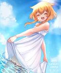  1girl :d bare_arms bare_shoulders blonde_hair blue_sky blush closed_eyes copyright_request dated day english_text facing_viewer fang glint hair_flaps happy_birthday indie_virtual_youtuber kaheru_(vtuber) ocean open_mouth outdoors sidelocks signature skirt_hold sky smile solo temachii wading white_hair 