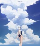  1girl 2020 absurdres aoi_kao_(lsz7106) bangs blue_eyes blue_sky blue_swimsuit breasts clouds date_a_live eyebrows_visible_through_hair floating_hair hair_between_eyes highres looking_back medium_breasts medium_hair outdoors school_swimsuit silver_hair sky solo standing swimsuit tobiichi_origami 