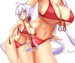  1girl ahoge bikini breasts commentary_request covered_nipples cowboy_shot front-tie_top highres large_breasts long_hair looking_to_the_side multiple_views purple_hair red_bikini senki_zesshou_symphogear side-tie_bikini simple_background swimsuit tessa_1178 twintails violet_eyes white_background yukine_chris zoom_layer 