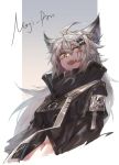  1girl ahoge animal_ears arknights black_coat breasts coat commentary eyebrows_visible_through_hair fangs grey_background hair_between_eyes hair_ornament hairclip lappland_(arknights) long_hair looking_at_viewer medium_breasts midriff navel nejikyuu open_mouth scar scar_across_eye signature silver_hair simple_background smile solo two-tone_background upper_body white_background wolf_ears yellow_eyes 