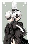  1boy 1girl absurdres android back-to-back black_dress black_jacket blindfold ctpt9r dress gloves hand_on_own_chest highres jacket looking_back nier_(series) nier_automata pod_(nier_automata) robot short_hair white_hair yorha_no._2_type_b yorha_no._9_type_s 