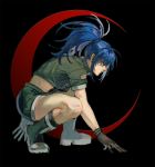 1girl bangs black_background blue_eyes blue_hair bonoforest boots earrings gloves green_jacket green_shorts jacket jewelry leona_heidern military military_uniform ponytail shorts snk soldier squatting the_king_of_fighters uniform 