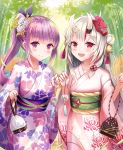  2girls bamboo bamboo_forest bangs bell blue_hair blurry blurry_background blush collarbone commentary_request eyebrows_visible_through_hair floral_print flower forest furisode hair_bell hair_flower hair_ornament highres hololive horns japanese_clothes kimono long_hair long_sleeves looking_at_viewer mask mask_on_head minato_aqua multicolored_hair multiple_girls nakiri_ayame nature obi oni_horns oni_mask open_mouth outdoors pink_kimono pouch purple_hair purple_kimono red_eyes sakura_ani sash side_ponytail sidelocks smile two-tone_hair upper_body violet_eyes virtual_youtuber white_hair wide_sleeves wind_chime 