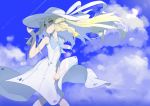  1girl bare_arms blonde_hair blue_sky braid closed_mouth clouds commentary_request day dress green_eyes hat knees_together_feet_apart lillie_(pokemon) long_hair looking_at_viewer newflame outdoors pokemon pokemon_(game) pokemon_sm shadow sky sleeveless sleeveless_dress smile solo standing sun_hat sundress sunlight twin_braids white_dress white_headwear wind wind_lift 