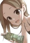  1girl :d absurdres bangs bare_arms bare_shoulders black_camisole bottle brown_eyes brown_hair camisole collarbone commentary_request forehead highres holding holding_bottle karakai_jouzu_no_takagi-san leaning_forward long_hair looking_at_viewer official_art open_mouth parted_bangs simple_background smile solo takagi-san white_background yamamoto_souichirou 