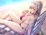  1girl azur_lane bangs bare_legs beach beach_chair bikini braid breasts butterfly_hair_ornament choker day doughnut dunkerque_(azur_lane) dunkerque_(summer_sucre)_(azur_lane) eyebrows_visible_through_hair feet_out_of_frame food grey_hair hair_ornament hairband highres holding holding_food jacket kirifrog large_breasts lens_flare long_hair navel ocean open_mouth outdoors ponytail purple_bikini red_eyes see-through side-tie_bikini sideboob sitting swimsuit thighs 