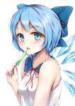  1girl :o alternate_costume aqua_eyes bangs bare_arms bare_shoulders blue_bow blue_hair blush bow breasts cirno collarbone detached_wings eyebrows_visible_through_hair food frilled_shirt_collar frills hair_bow hinoka_(allen) holding holding_food ice ice_wings neck_ribbon open_mouth popsicle red_neckwear red_ribbon ribbon shirt short_sleeves sleeveless sleeveless_shirt small_breasts solo touhou upper_body wings 