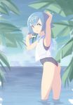 1girl absurdres arm_up armpits ass blue_eyes blue_hair blue_sailor_collar clouds commentary freckles hairband hand_up highres looking_at_viewer looking_back melonyogurt no_sclera one-piece_swimsuit outdoors palm_tree parted_lips pokemon pokemon_(game) pokemon_sm sailor_collar shirt short_hair sky sleeveless smile solo suiren_(pokemon) swimsuit swimsuit_under_clothes tree trial_captain wading water 