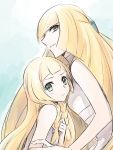  2girls bangs bare_shoulders blonde_hair braid closed_mouth commentary_request dress eyelashes green_eyes light_smile lillie_(pokemon) long_hair looking_at_viewer looking_to_the_side lusamine_(pokemon) mother_and_daughter multiple_girls ochi_(lokun) parted_lips pokemon pokemon_(game) pokemon_sm shiny shiny_hair sketch sleeveless sleeveless_dress twin_braids 