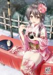  1girl :d alternate_costume alternate_hairstyle blush bowl chopsticks cup eating flower grey_hair hair_flower hair_ornament hairclip haruna_(kantai_collection) highres holding holding_bowl holding_chopsticks japanese_clothes kantai_collection kimono long_hair looking_at_viewer new_year open_mouth pink_kimono sitting smile takasaki_ryou yunomi zouni_soup 