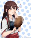  1girl akagi_(kantai_collection) boned_meat brown_eyes brown_hair chiwa_(chiwa0617) commentary_request covering_mouth eating food hakama hakama_skirt hand_over_own_mouth highres japanese_clothes kantai_collection long_hair meat muneate polka_dot polka_dot_background red_hakama solo straight_hair tasuki upper_body 