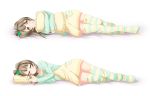  1girl bow brown_hair closed_eyes closed_mouth dakimakura dress frilled_pillow frills from_side full_body green_bow green_ribbon hair_bow long_hair looking_at_viewer love_live! love_live!_school_idol_project lying minami_kotori on_side pillow pillow_hug ribbon short_dress side_ponytail simple_background smile solo striped striped_legwear thigh-highs white_background yellow_dress yellow_eyes yu-ta zettai_ryouiki 