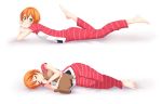  1girl alpaca bangs barefoot closed_mouth dakimakura from_side full_body green_eyes hair_between_eyes head_rest hoshizora_rin leg_up love_live! love_live!_school_idol_project lying music_s.t.a.r.t!! on_side on_stomach orange_hair pajamas pants red_pants red_shirt shirt short_hair sleeping smile solo striped striped_pants striped_shirt stuffed_alpaca stuffed_animal stuffed_toy yu-ta 