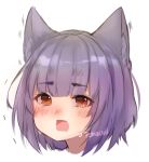  1girl animal_ear_fluff animal_ears blush cat_ears commentary english_commentary eyebrows_visible_through_hair fang looking_at_viewer open_mouth orange_eyes original portrait purple_hair signature skin_fang solo tears temachii trembling white_background 