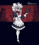 1girl alternate_costume apron bangs black_dress black_footwear black_horns character_name commentary cup demon_girl demon_horns dress enmaided frilled_dress frills frown full_body glasses helltaker holding holding_tray horns long_hair looking_at_viewer maid maid_apron mateus_upd mug pandemonica_(helltaker) pantyhose ponytail puffy_sleeves red_eyes red_neckwear red_ribbon ribbon shoes solo tail teacup tray white_apron white_hair white_legwear