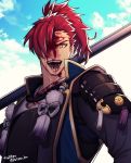  1boy arima_(arima_bn) bangs blood blood_on_face fate/grand_order fate_(series) hair_over_one_eye japanese_clothes koha-ace looking_at_viewer male_focus mori_nagayoshi_(fate) open_mouth polearm ponytail redhead sharp_teeth sky teeth upper_body weapon yellow_eyes 