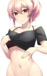  1girl bangs black_shirt blush bra breasts collarbone commentary_request crop_top crop_top_lift eyebrows_visible_through_hair fingernails grey_background hair_between_eyes idolmaster idolmaster_cinderella_girls jougasaki_mika lifted_by_self looking_at_viewer medium_hair navel pataniito pink_hair pink_nails ponytail red_bra shirt shirt_lift short_sleeves simple_background solo stomach underwear upper_body wavy_mouth yellow_eyes 