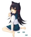  1girl :o absurdres animal_ears barefoot black_hair bow braid cat_ears character_request fang full_body harvest_moon_(youtube) hat hat_bow highres long_hair looking_at_viewer looking_back nekone_suzu paw_print pdnt pouch school_uniform serafuku sitting skin_fang solo virtual_youtuber yellow_eyes 