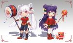  alternate_costume animal animal_ears artist_name bangs fang green_eyes hair_ornament kezi league_of_legends long_hair lulu_(league_of_legends) multiple_girls open_mouth pointy_ears poppy purple_hair red_eyes smile staff war_hammer weapon white_hair yordle 