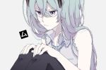  1girl :t bare_arms bare_shoulders black_legwear blue_eyes blue_hair close-up closed_mouth collared_shirt eiku eyebrows_visible_through_hair face fingernails frown grey_background grey_shirt hair_between_eyes half-closed_eyes hands_on_own_knees hatsune_miku jitome legs_together long_hair looking_afar pale_skin pout serious shaded_face shirt simple_background sitting sleeveless sleeveless_shirt solo thigh-highs translation_request upper_body v-shaped_eyebrows very_long_hair vocaloid 