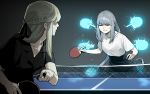  2girls blonde_hair braid closed_eyes gogalking grey_hair highres long_hair multiple_girls original table_tennis 
