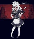  1girl alternate_costume apron bangs black_footwear breasts character_name commentary demon_girl demon_horns demon_tail dress enmaided frilled_apron frilled_dress frills full_body helltaker holding holding_spoon horns long_hair looking_at_viewer lucifer_(helltaker) maid maid_headdress mateus_upd medium_breasts mole mole_under_eye pantyhose puffy_short_sleeves puffy_sleeves red_eyes shoes short_sleeves smile solo spoon tail waist_apron white_hair white_horns white_legwear 