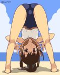  1girl ass beach blue_sky blue_swimsuit brown_eyes brown_hair clouds day full_body hair_ornament hairclip horizon i-401_(kantai_collection) kantai_collection kujira_naoto looking_at_viewer looking_through_legs ocean orange_sailor_collar outdoors ponytail sailor_collar school_swimsuit shirt short_ponytail side-tie_shirt sky sleeveless sleeveless_shirt solo standing swimsuit swimsuit_under_clothes twitter_username 