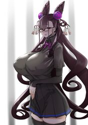  1girl absurdres bangs black_bodysuit black_legwear black_shirt black_skirt bodysuit breasts brown_hair collared_shirt commentary_request covered_nipples double_bun fate/grand_order fate_(series) hair_between_eyes hair_ornament highres huge_breasts long_hair miniskirt murasaki_shikibu_(fate) pleated_skirt purple_neckwear school_uniform shirt short_sleeves sidelocks skirt standing thigh-highs thighs two_side_up uc uniform very_long_hair violet_eyes 