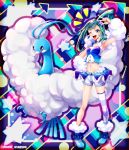  1girl ;d abstract_background akihorisu altaria aqua_hair armpits asymmetrical_hair bangs bare_shoulders blue_choker blue_footwear blush choker collarbone commentary_request crop_top drop_shadow earrings eyebrows_visible_through_hair full_body fur_trim gen_3_pokemon groin hair_ornament hand_on_hip highres idol jewelry long_hair looking_at_viewer lucia_(pokemon) midriff navel notice_lines one_eye_closed open_mouth pokemon pokemon_(creature) pokemon_(game) pokemon_oras ponytail shoes shorts showgirl_skirt sidelocks single_thighhigh skindentation smile standing starry_background striped striped_legwear thigh-highs twitter_username upper_teeth v white_shorts 